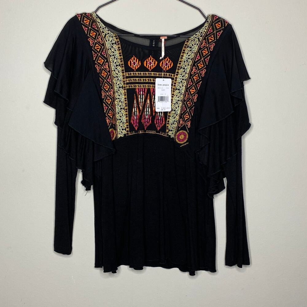 Free People Black Embroidered Ruffle Sleeve Mesh Yoke Top OB651125 Size S NEW - Picture 3 of 10